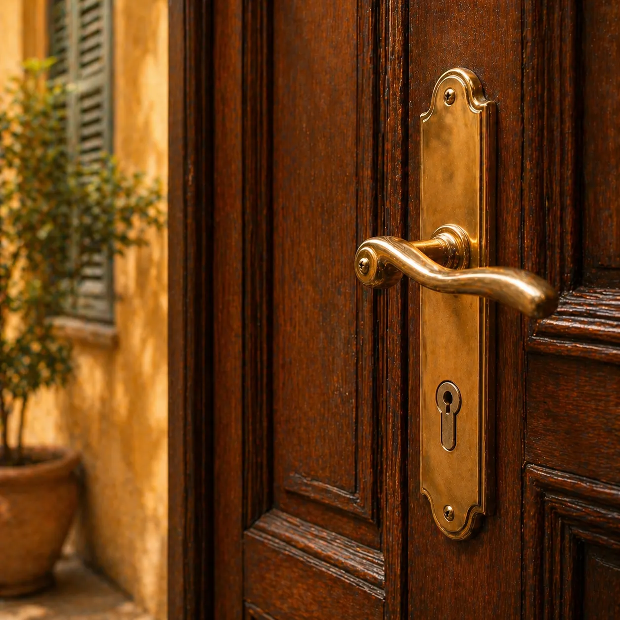 Porte d'entrée traditionnelle niçoise avec serrure laiton dans le Vieux-Nice